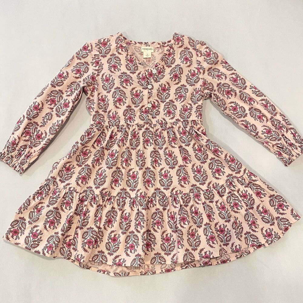 ~ crewcuts Sz 5 Floral Dress J.Crew Tiered Ruffles Pink Blue Button Front Crew